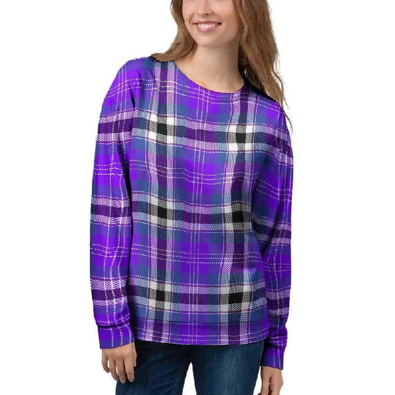 Black Purple Plaid Tartan Women's Sweatshirt Hoodie with Pastel Soft Subtle