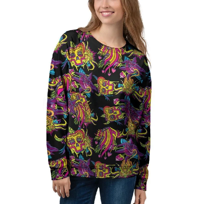 Black Skull Trippy Psychedelic Women's Sweatshirt Hoodie with Reflective Safety Nightwear Black Skull Trippy Psychedelic Women's Sweatshirt Hoodie with Reflective Safety Nightwear