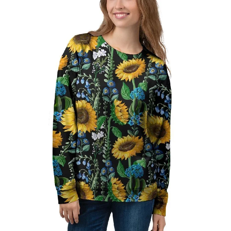 Black Sunflower Floral Women's Sweatshirt Hoodie with Rhinestones Sparkly Elegant