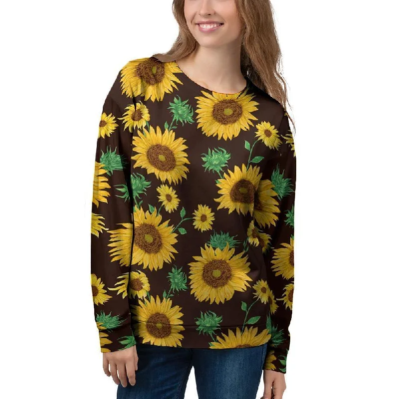 Black Sunflower Print Women's Sweatshirt Hoodie with Color Block Contrast Stylish