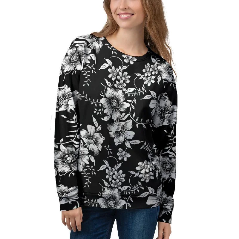 Black White Floral Print Women's Sweatshirt Hoodie with Embroidery Detailed Premium