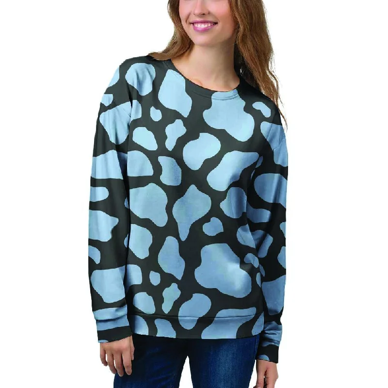 Blue And Black Cow Print Women's Sweatshirt Hoodie with Hood Adjustable Protection