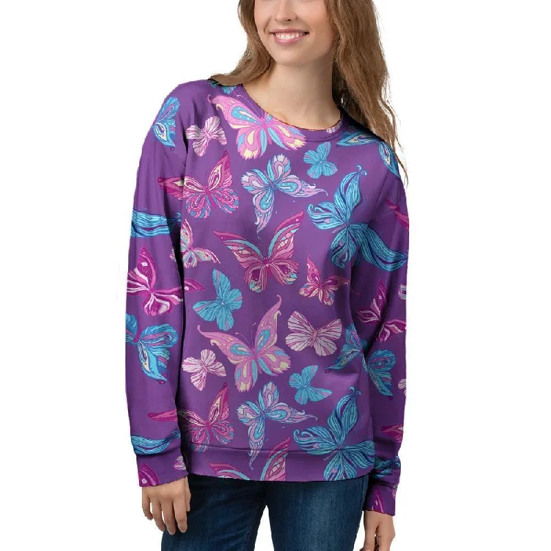 Blue And Pink Butterfly Print Women's Sweatshirt Hooded Sweatshirt Casual Wear Street Style Blue And Pink Butterfly Print Women's Sweatshirt Hooded Sweatshirt Casual Wear Street Style