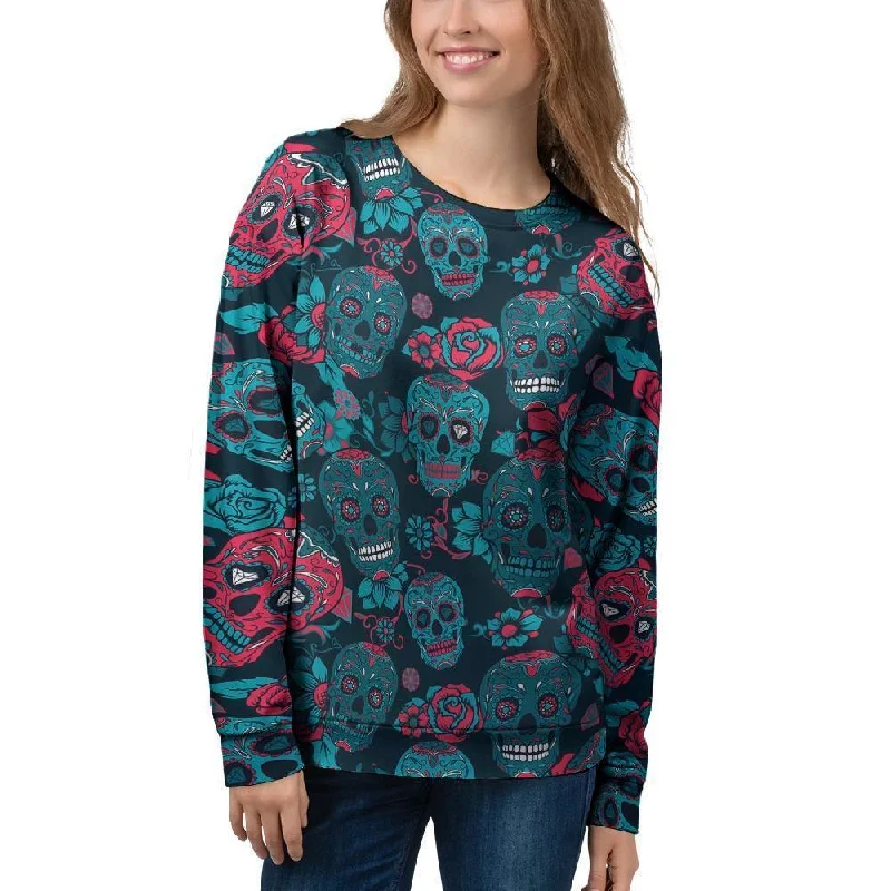 Blue And Red Floral Sugar Skull Women's Sweatshirt Hoodie with Hem Patch Decorative Personalized