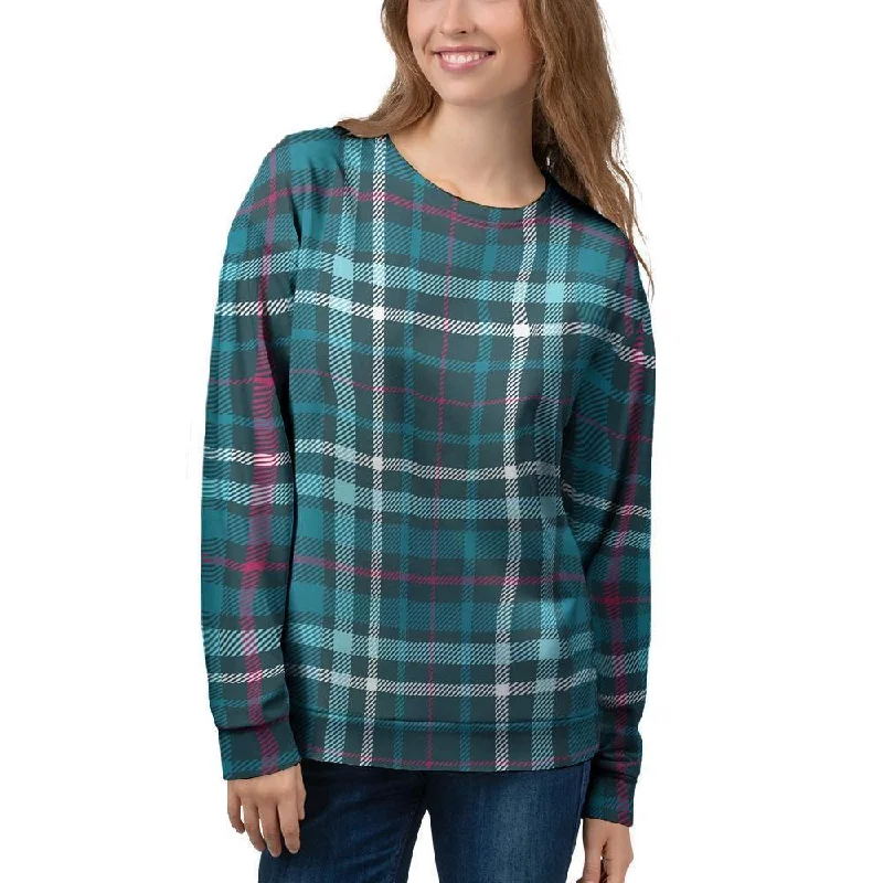 Blue Aqua Plaid Tartan Women's Sweatshirt Hoodie with Hem Lace Feminine Delicate