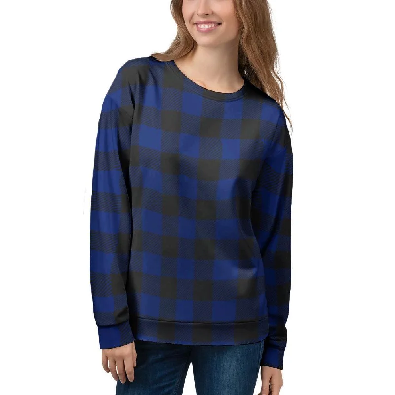 Blue Buffalo Plaid Women's Sweatshirt Hoodie with Slit Hem Functional Movement