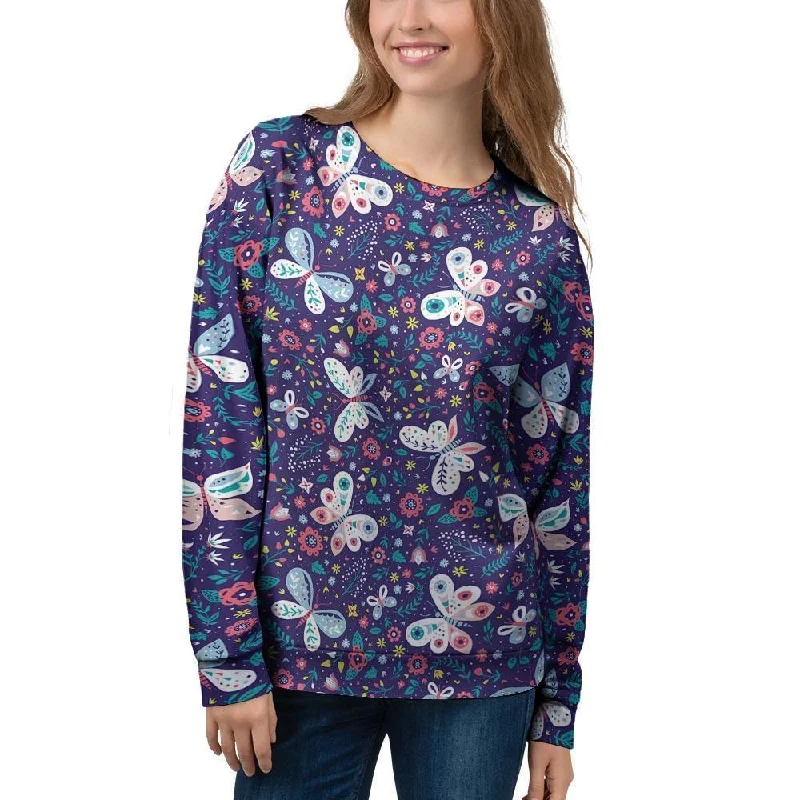 Blue Butterfly Floral Print Women's Sweatshirt Hoodie with Belted Waist Structured Tailored Blue Butterfly Floral Print Women's Sweatshirt Hoodie with Belted Waist Structured Tailored