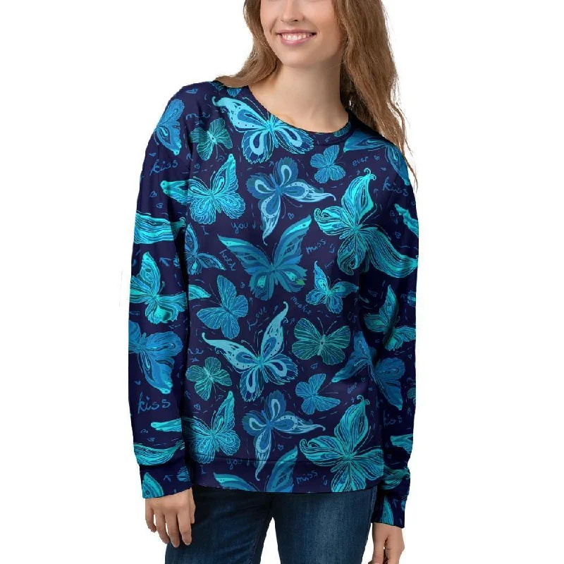 Blue Butterfly Print Women's Sweatshirt Hoodie with Velcro Closure Adjustable Secure Blue Butterfly Print Women's Sweatshirt Hoodie with Velcro Closure Adjustable Secure