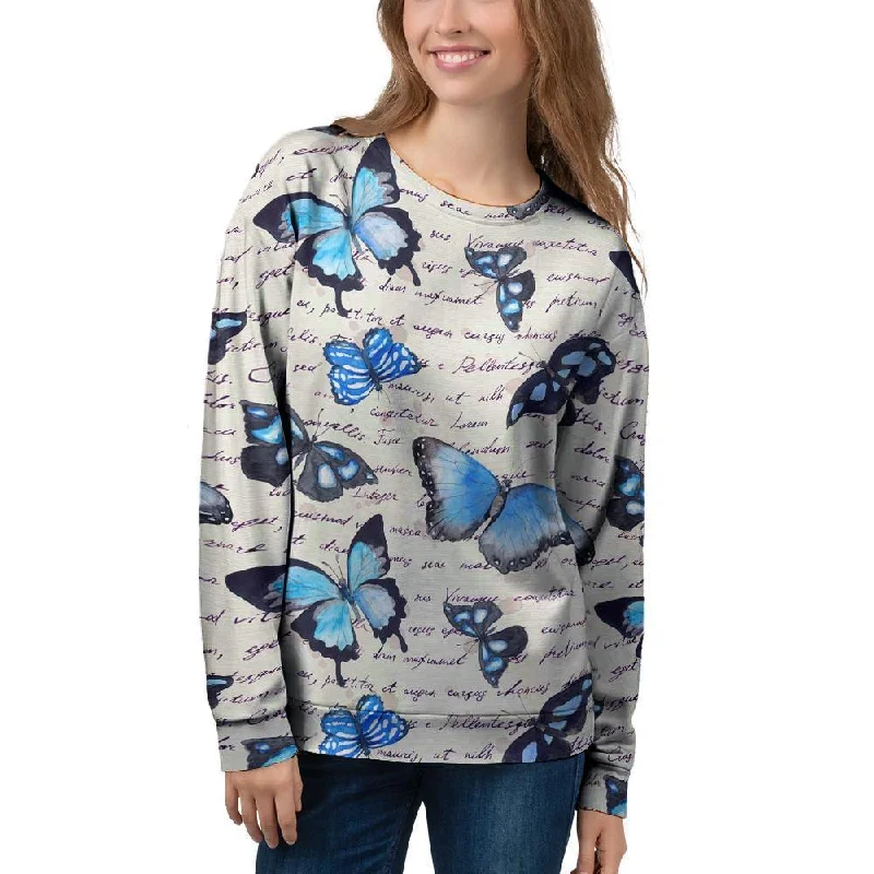 Blue Butterfly Watercolor Print Women's Sweatshirt Hoodie with Snap Buttons Easy Quick Blue Butterfly Watercolor Print Women's Sweatshirt Hoodie with Snap Buttons Easy Quick