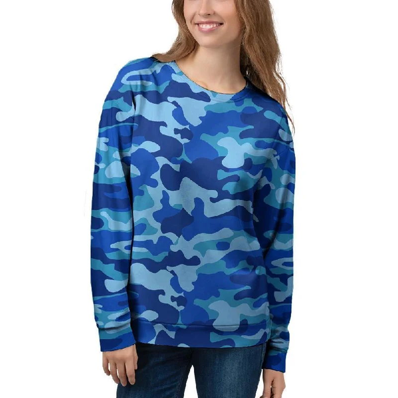 Blue Camo Print Women's Sweatshirt Hoodie with Double Zipper Versatile Adjustable