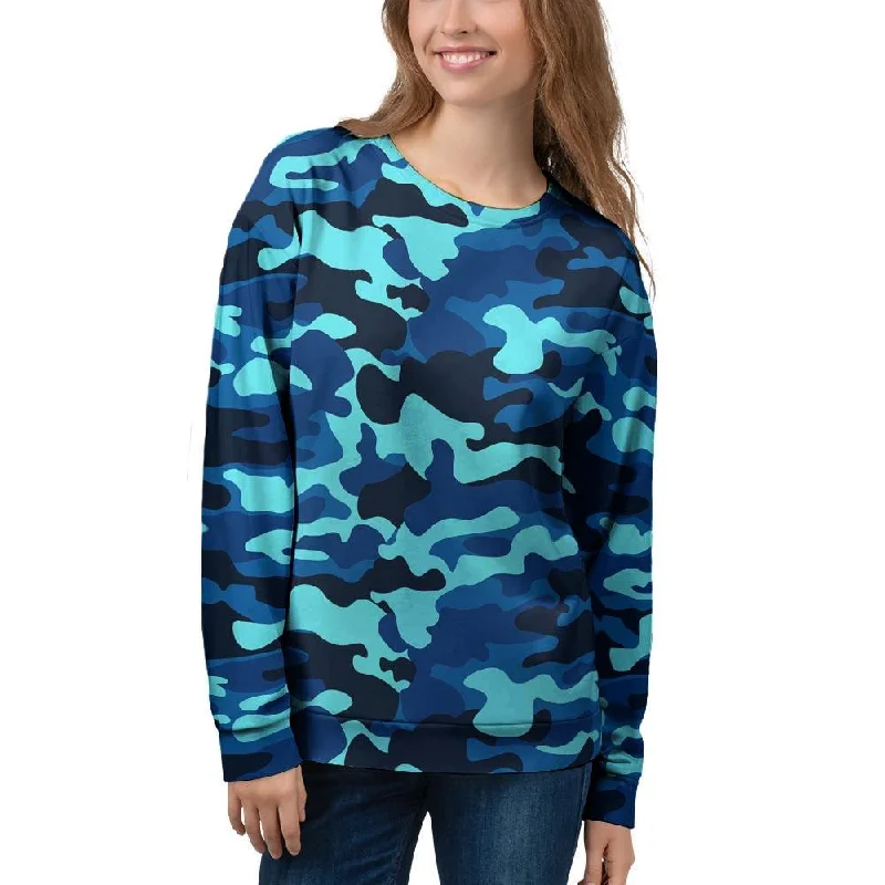 Blue Camoflage Print Women's Sweatshirt Hoodie with Zipper Placket Modern Functional Blue Camoflage Print Women's Sweatshirt Hoodie with Zipper Placket Modern Functional