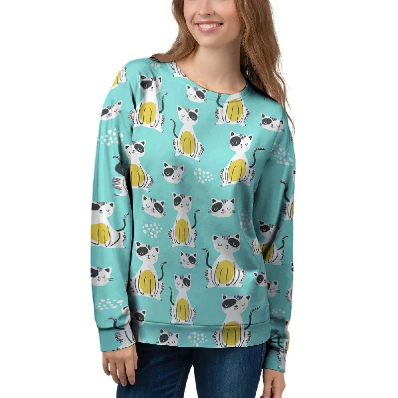 Blue Cat Print Women's Sweatshirt Hoodie with Mock Neck Collared Structured