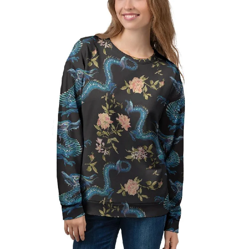 Blue Chinese Dragon Floral Print1 Women's Sweatshirt Hoodie with V-Neck Classic Versatile Blue Chinese Dragon Floral Print1 Women's Sweatshirt Hoodie with V-Neck Classic Versatile