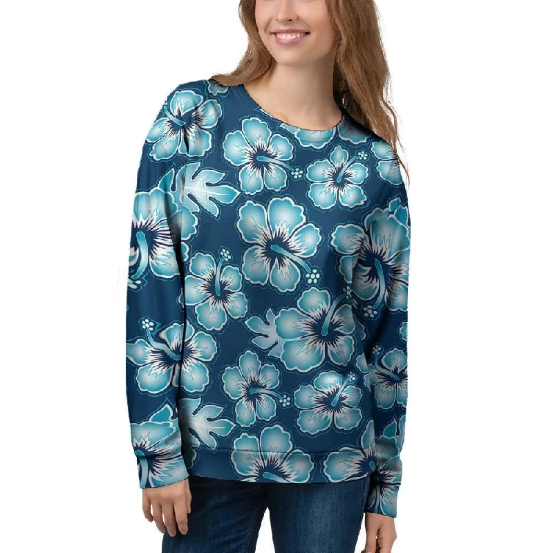 Blue Hibiscus Hawaiian Print Women's Sweatshirt Hoodie with Raglan Sleeves Sporty Comfortable Blue Hibiscus Hawaiian Print Women's Sweatshirt Hoodie with Raglan Sleeves Sporty Comfortable