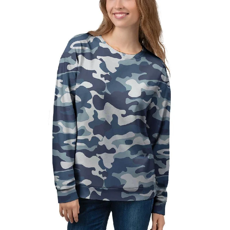 Blue Navy Camo Print Women's Sweatshirt Hoodie with Oversized Fit Loose Comfortable
