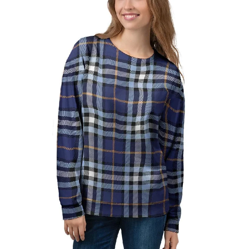Blue Navy Plaid Tartan Women's Sweatshirt Hoodie with Raw Hem Edgy Unfinished