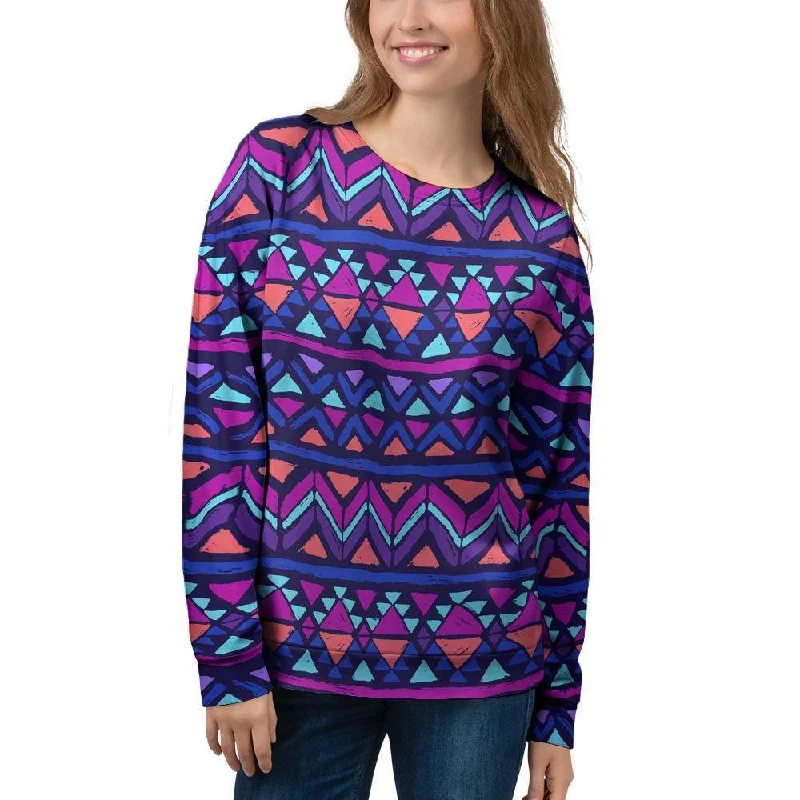 Blue Neon Color Indian Aztec Women's Sweatshirt Hoodie with Earth Tones Natural Calm Blue Neon Color Indian Aztec Women's Sweatshirt Hoodie with Earth Tones Natural Calm