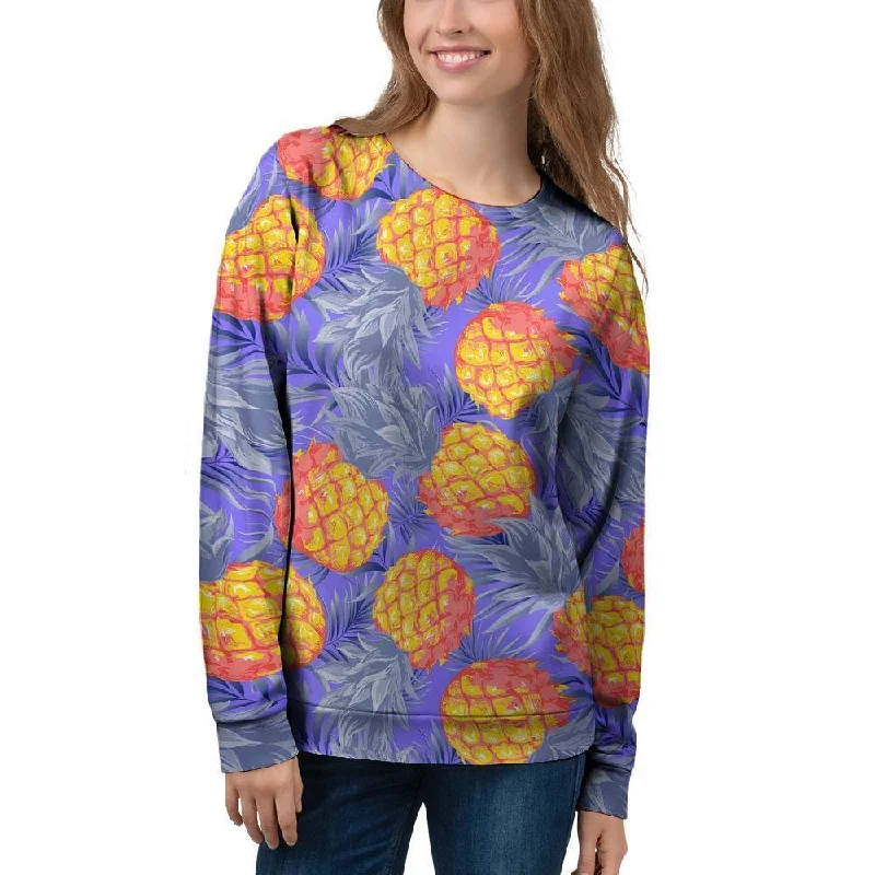 Blue Neon Pineapple Hawaiian Print Women's Sweatshirt Hoodie with Metallic Shiny Futuristic Blue Neon Pineapple Hawaiian Print Women's Sweatshirt Hoodie with Metallic Shiny Futuristic
