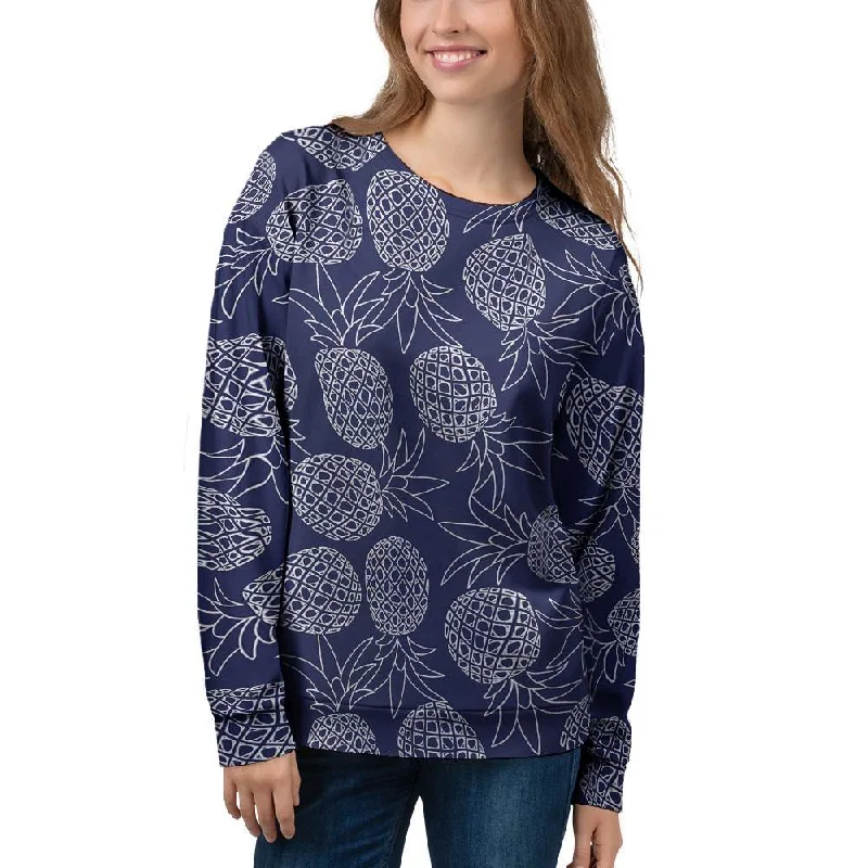 Blue Pine Pineapple Print Women's Sweatshirt Hoodie with Applique Textured Unique