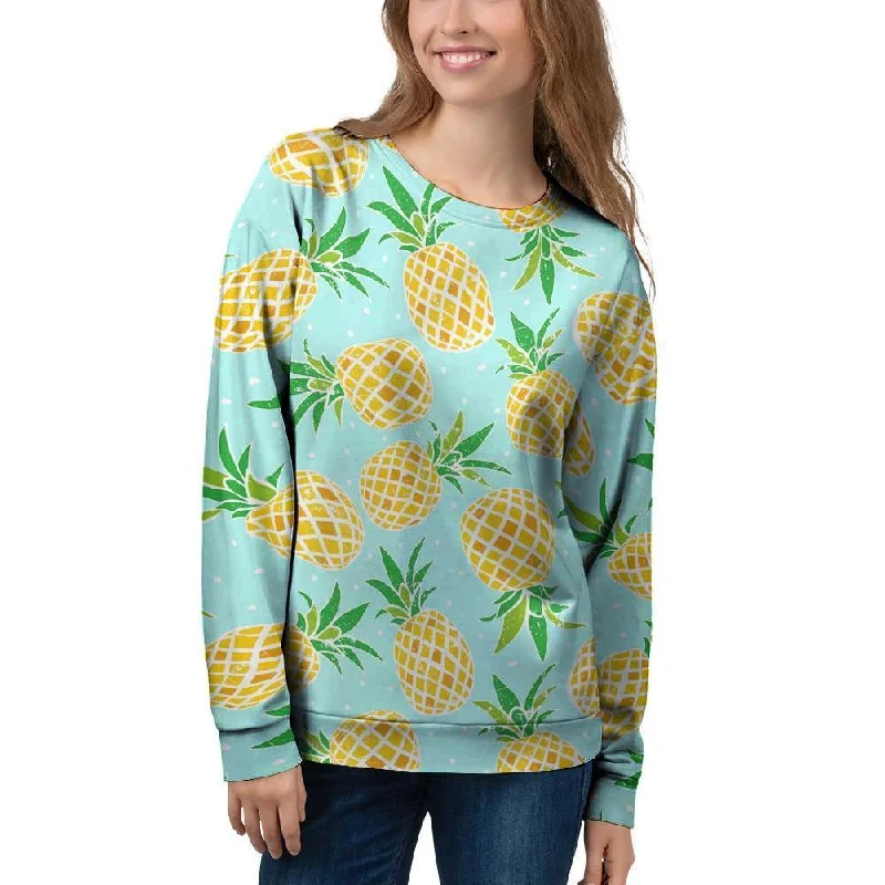 Blue Pineapple Print Women's Sweatshirt Hoodie with Typography Text Message