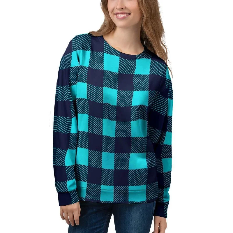 Blue Plaid Print Women's Sweatshirt Hoodie with Drawcord Adjustable Secure
