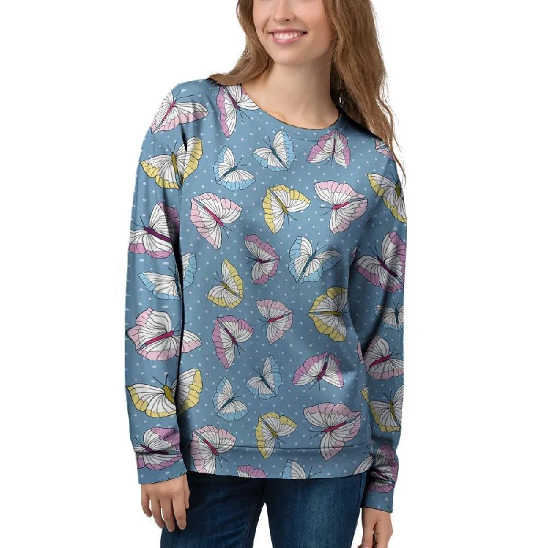 Blue Polka Dots Butterfly Print Women's Sweatshirt Oversized Hoodie Comfort Casual