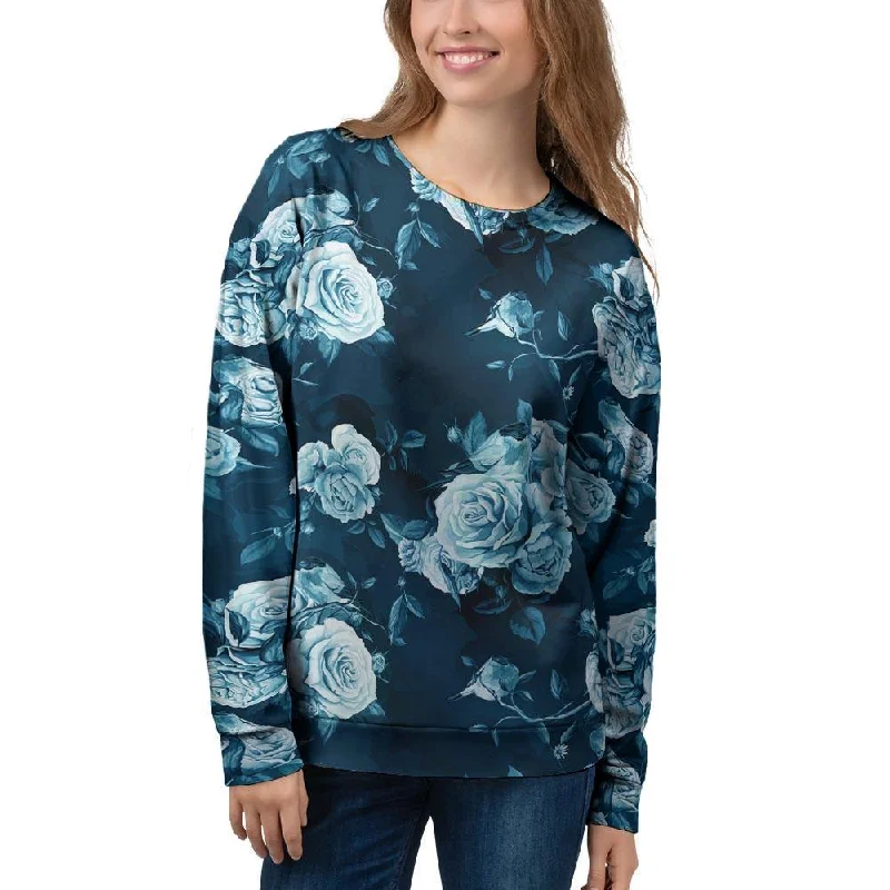 Blue Rose Floral Print Women's Sweatshirt Hoodie with Hem Embroidery Detailed Premium Blue Rose Floral Print Women's Sweatshirt Hoodie with Hem Embroidery Detailed Premium