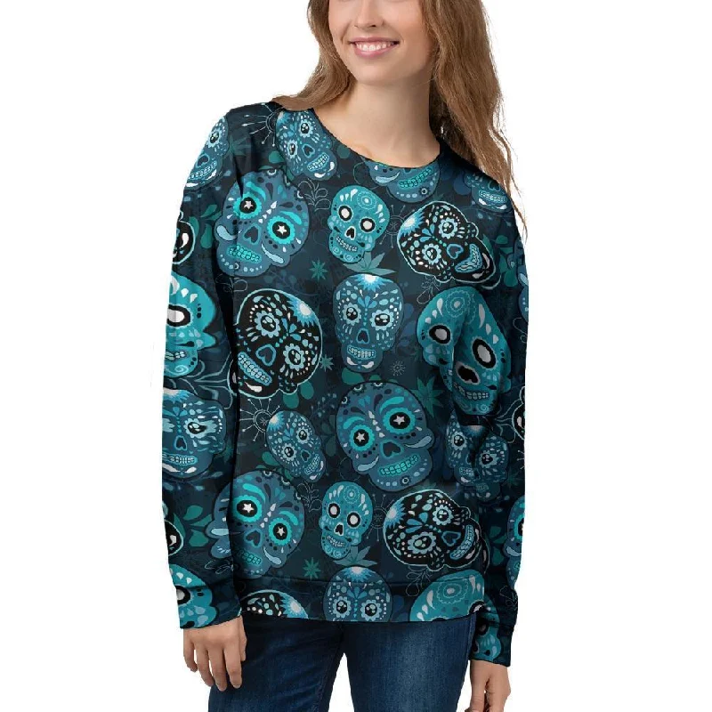 Blue Sugar Skull Print Women's Sweatshirt Hoodie with Drawstring Waist Adjustable Fitted