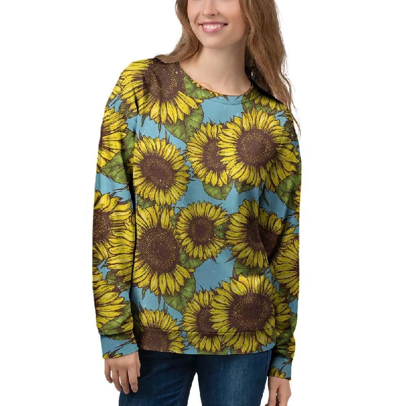 Blue Sunflower Print Women's Sweatshirt Hoodie with Half-Zip Sporty Casual