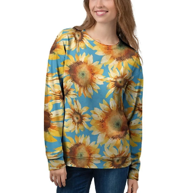 Blue Sunflower Women's Sweatshirt Hoodie with Toggle Buttons Decorative Unique