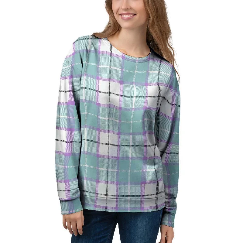 Blue Tartan Plaid Women's Sweatshirt Hoodie with Turtle Neck Cozy Winter