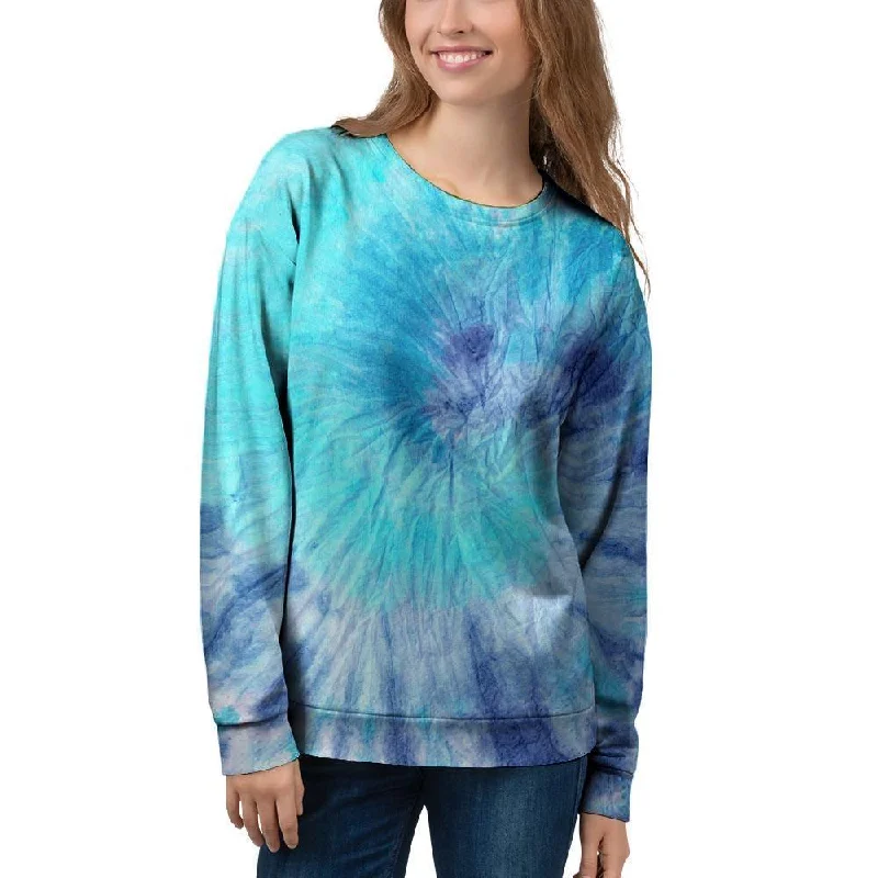 Blue Tie Dye Women's Sweatshirt Hoodie with Crew Neck Simple Timeless