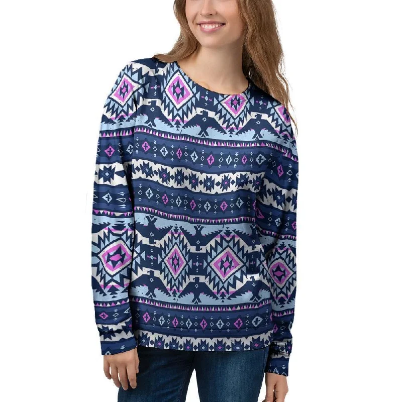 Blue Tribal Aztec Eagles Women's Sweatshirt Hoodie with Puffed Sleeves Voluminous Trendy Blue Tribal Aztec Eagles Women's Sweatshirt Hoodie with Puffed Sleeves Voluminous Trendy