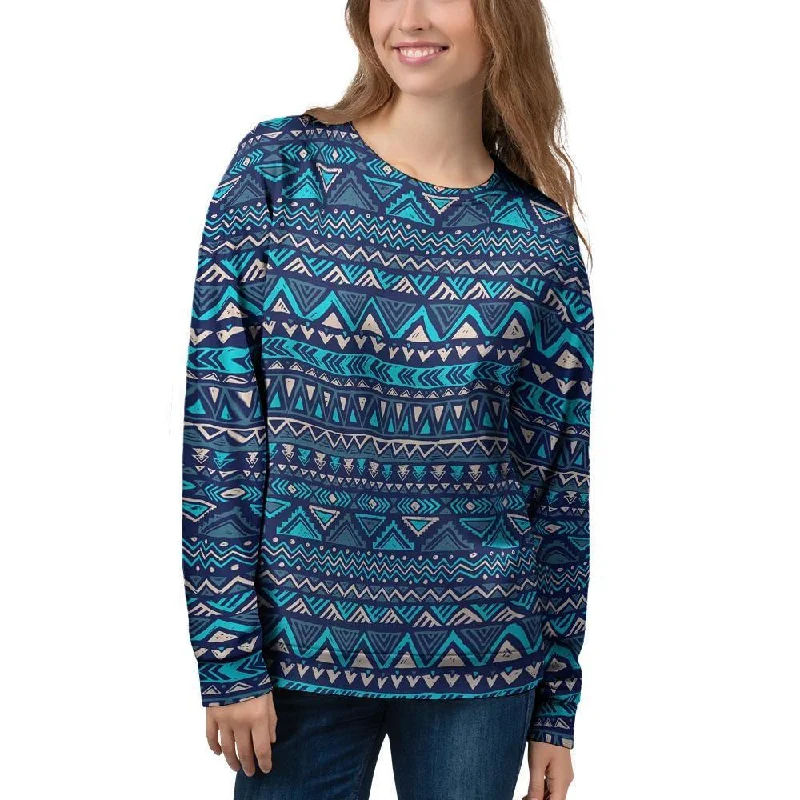 Blue Tribal Aztec Hand Drawn Women's Sweatshirt Hoodie with Set-In Sleeves Structured Classic Blue Tribal Aztec Hand Drawn Women's Sweatshirt Hoodie with Set-In Sleeves Structured Classic
