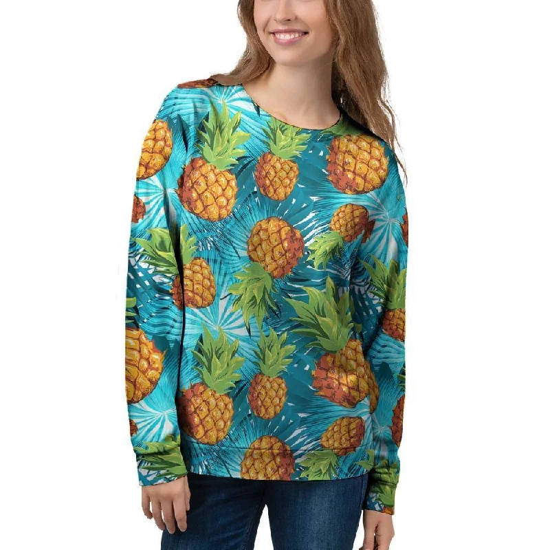 Blue Tropical Hawaiian Pineapple Print Women's Sweatshirt Hoodie with Longline Fit Extended Stylish Blue Tropical Hawaiian Pineapple Print Women's Sweatshirt Hoodie with Longline Fit Extended Stylish