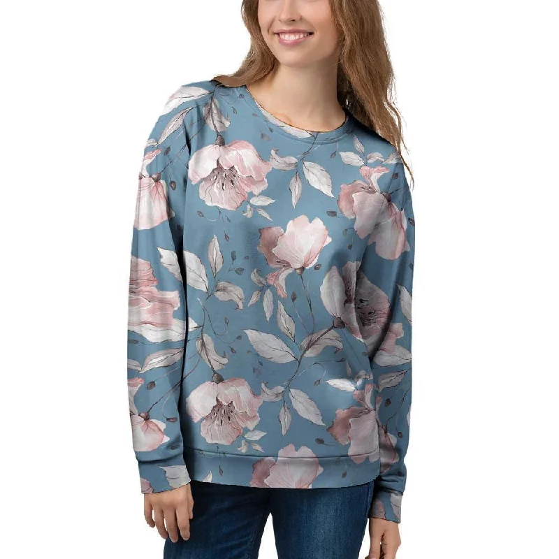 Blue Vintage Floral Print Women's Sweatshirt Hoodie with Slim Fit Tailored Modern