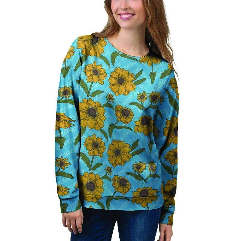 Blue Zigzag Sunflower Women's Sweatshirt Hoodie with Distressed Vintage Worn