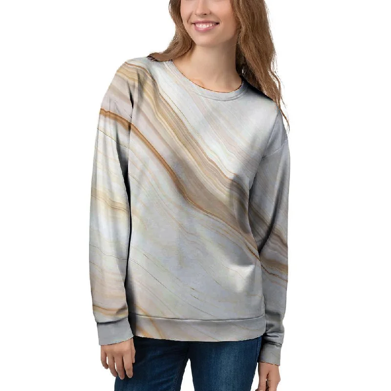 Brown Beige Marble Women's Sweatshirt Hoodie with Stripes Bold Sporty