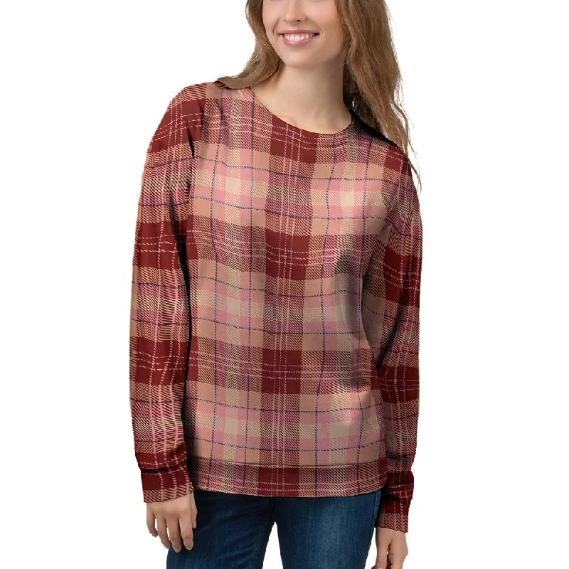 Brown Plaid Tartan Women's Sweatshirt Hoodie with Pocket Utility Practical