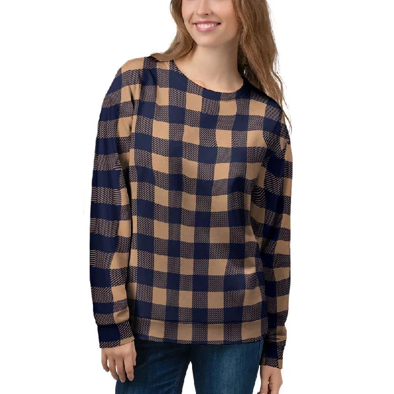 Brown Plaid Women's Sweatshirt Hoodie with Print Artistic Unique