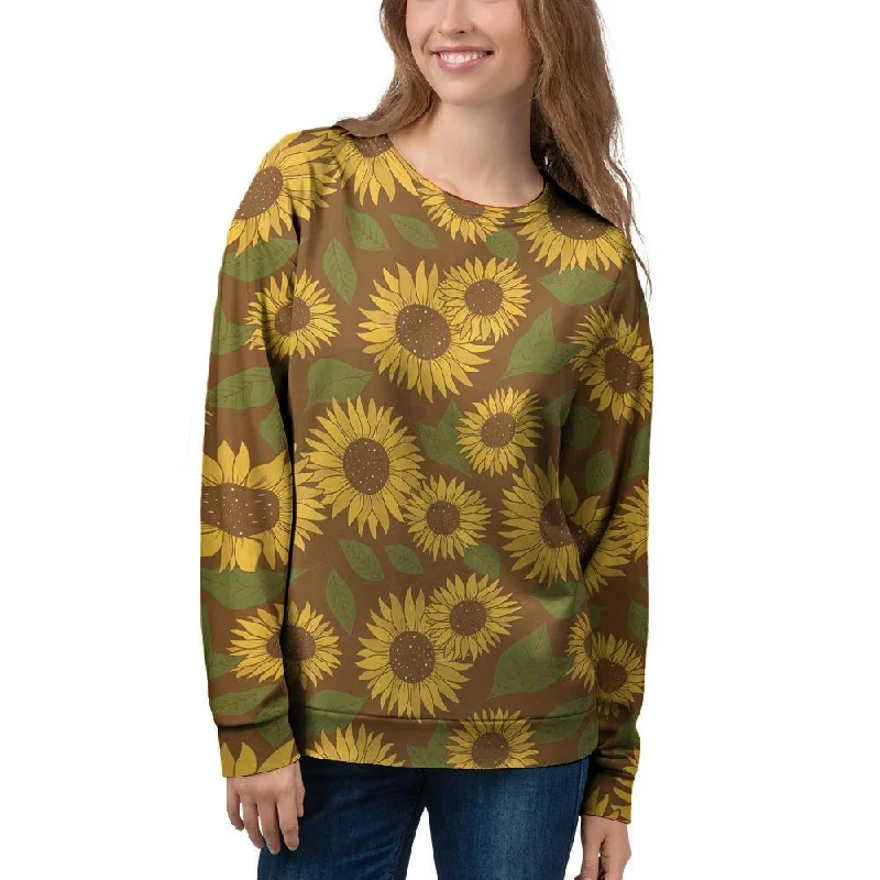 Brown Sunflower Print Women's Sweatshirt Zip Hoodie Drawstring Kangaroo Pocket