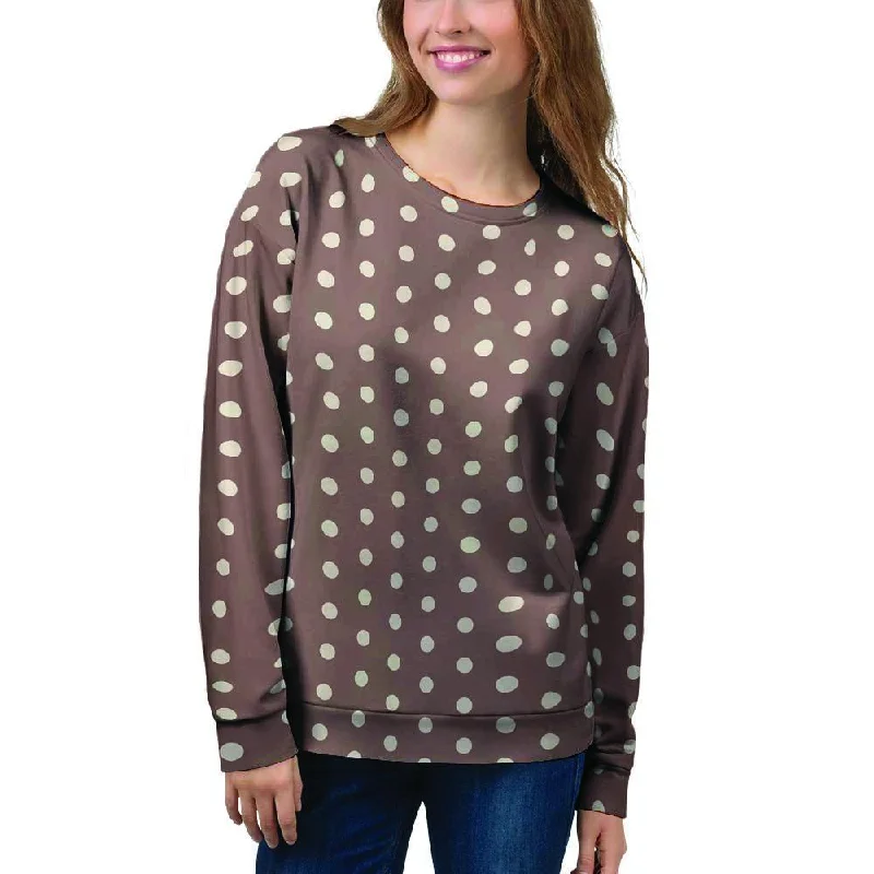 Brown Tiny Polka Dot Women's Sweatshirt Hoodie with Hem Raw Edge Edgy Unfinished