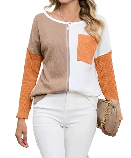 Cable knit color block round neck sweater Machine Wash Dry Clean Hand Wash