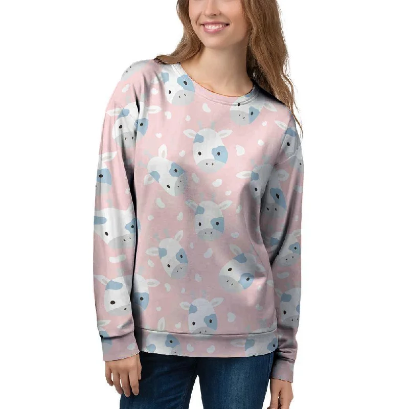 Cartoon Cow Print Women's Sweatshirt Hoodie with Exposed Zipper Edgy Industrial