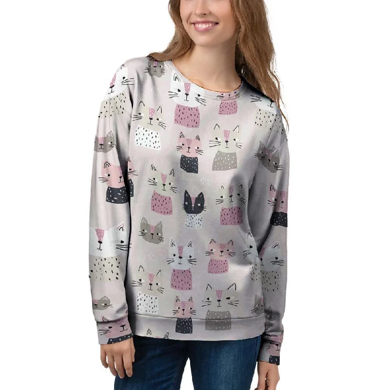 Cat Print Women's Sweatshirt Hoodie with Drop Shoulder Relaxed Streetwear