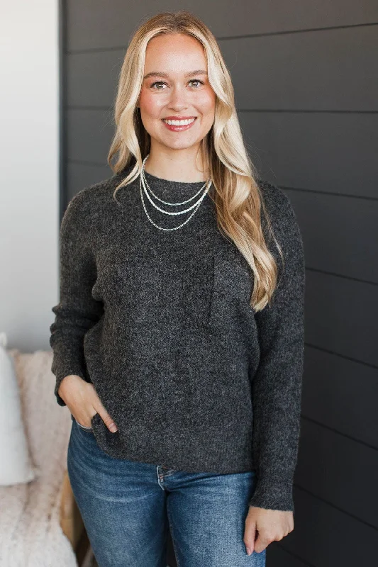 Cause A Commotion Knit Sweater- Charcoal Satin Blend Silk Blend Wool Blend