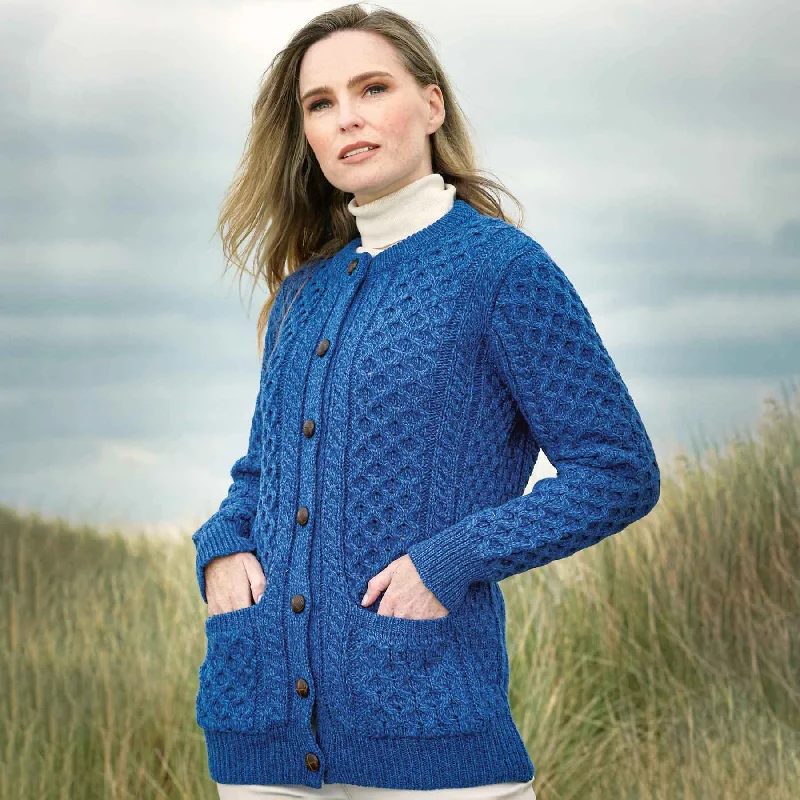 Curragh Women's Aran Knit Button Up Cardigan Sweater- Blue Lightweight Heavyweight Midweight Curragh Women's Aran Knit Button Up Cardigan Sweater- Blue Lightweight Heavyweight Midweight