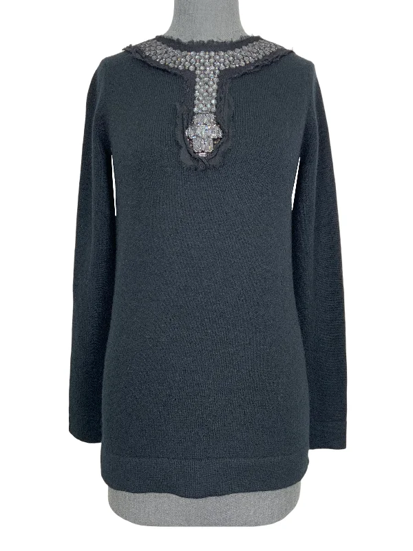 CHANEL 07A Cashmere Jewel Embellished Sweater Size M Open Front Closed Front Wrap Front