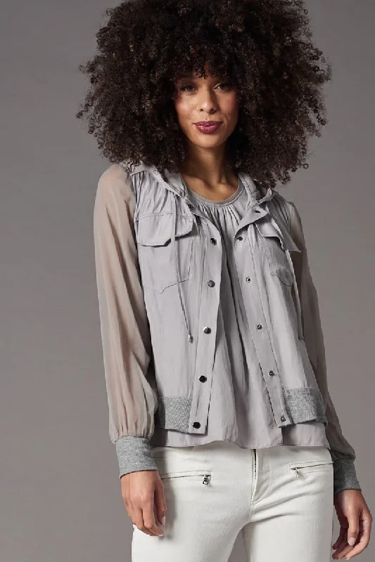 Chiffon Sleeve Hoodie (Grey) Hoodie with Full-Zip Functional Layering