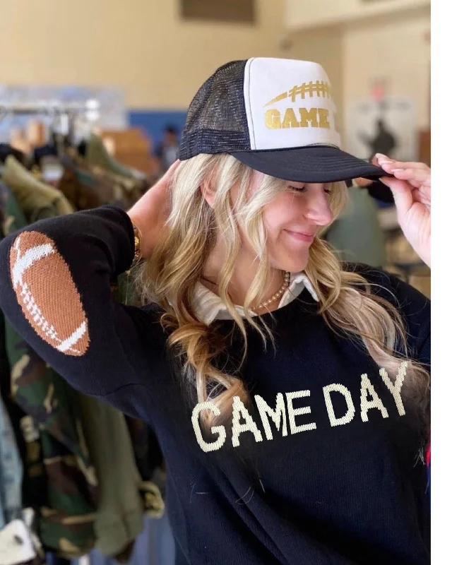 Classic Gameday Sweater with Football Elbows in Black Beaded Sweater Sequined Faux Fur